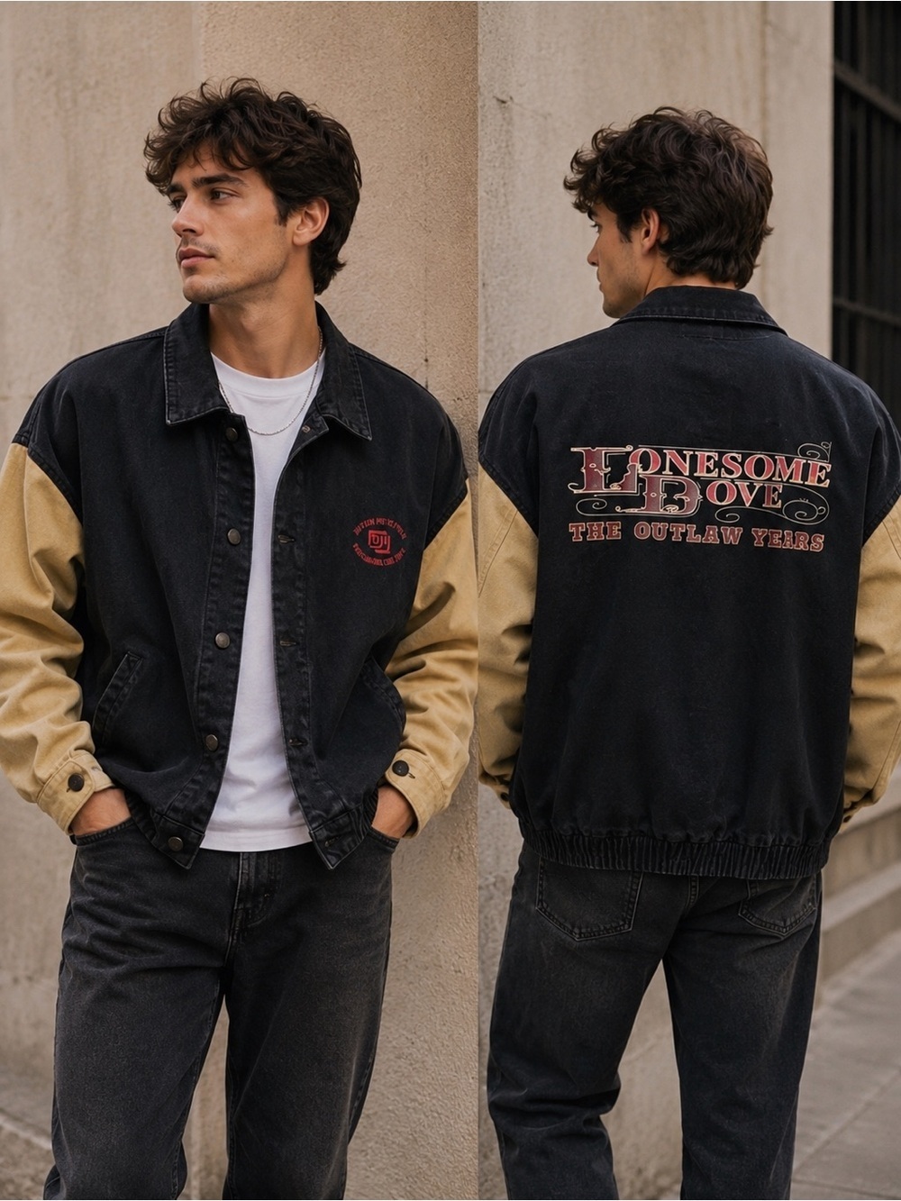Vintage 90s Lonesome Dove The Outlaw Years Black &Tan Denim Crew Jacket Size M